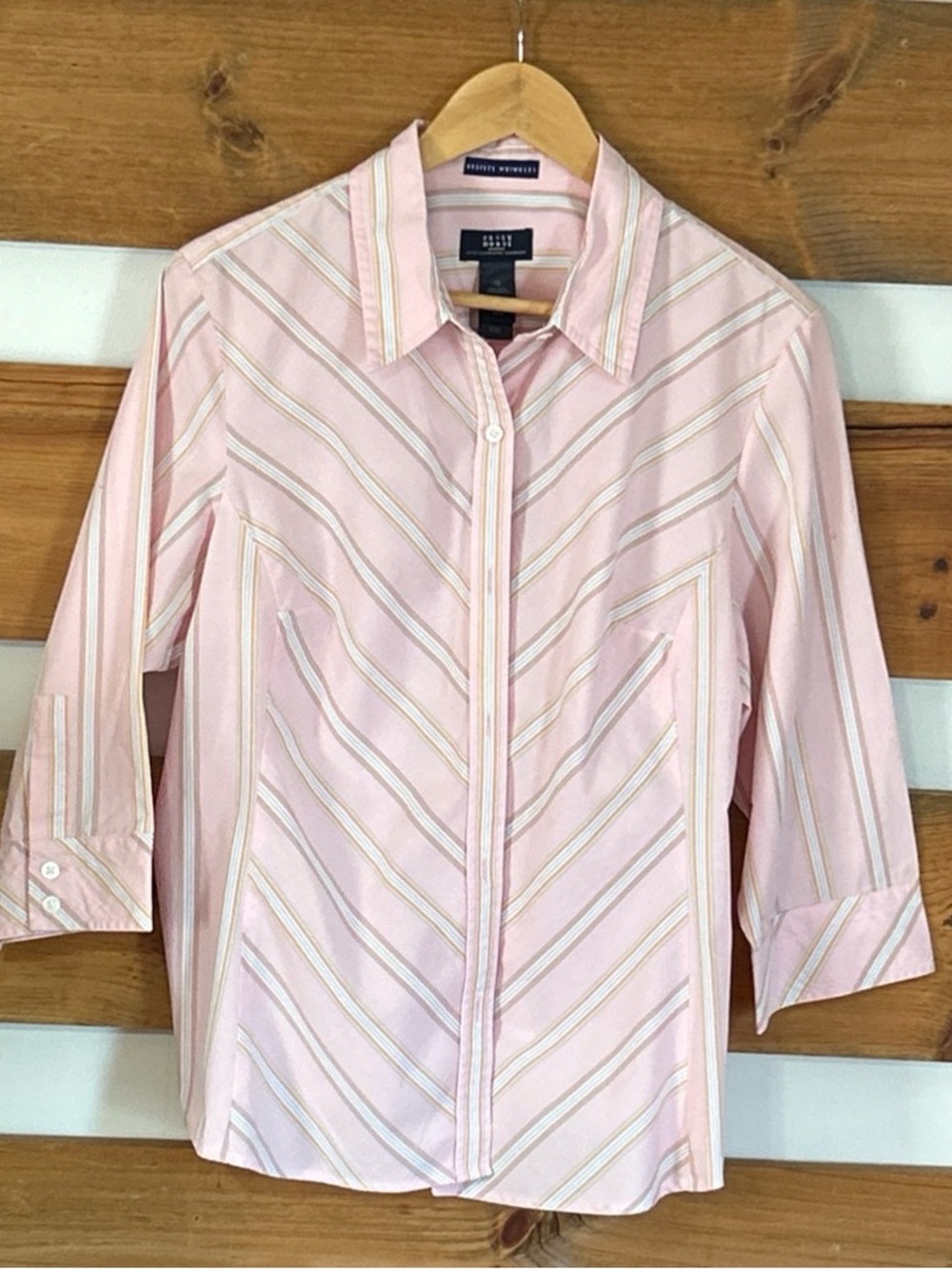 Crazy Horse 3/4 Sleeve Light Pink Striped Button Down Chic Blouse Womens Size 18